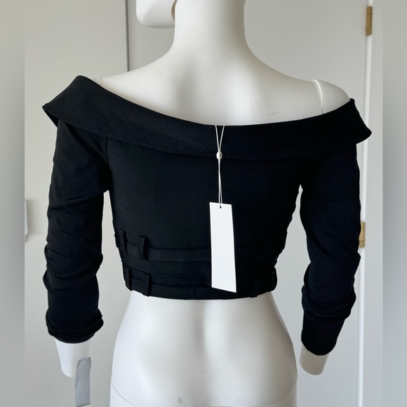 Wow Couture Black Off-Shoulder Belted Long Sleeves Bondage Top Gold Accents - Picture 3 of 13